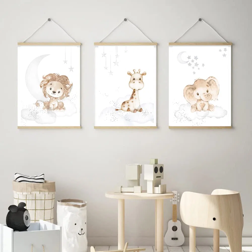 3 Laminas para Cuadros Infantiles Poster Animales Diseño de León Jirafa Elefante Nubes Estrellas Luna Pared Decoración Dormitorio Habitacion Bebé Niño Niña Regalo 30 x 40 cm sin Marco