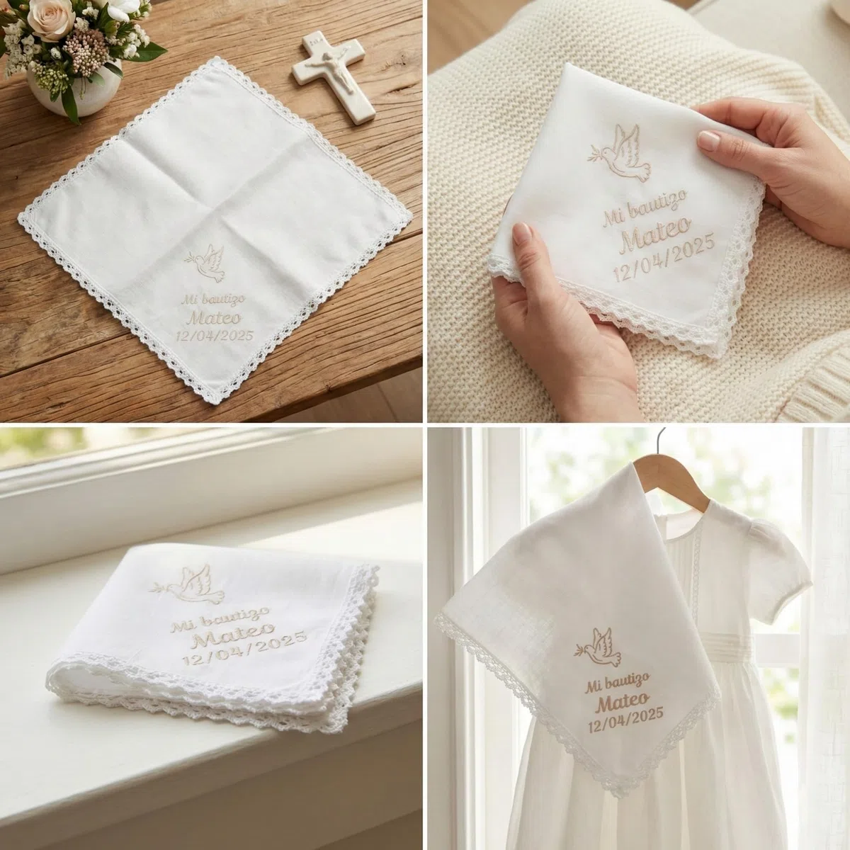 Pañuelo Bautizo Personalizado Bordado con Nombre y Fecha – Paño Bautismo de Lino y Algodón Natural – Pañuelo Bautizo Niño Niña – Regalo Bautizo Personalizado