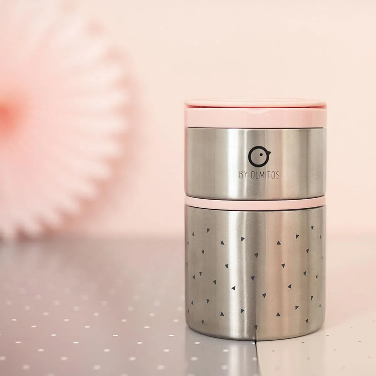 Olmitos - Termo papillero para sólidos acero inox 570ml + 250ml - Asas y aro de silicona - 11.5 x11.5 x 17.5cm (Rosa)