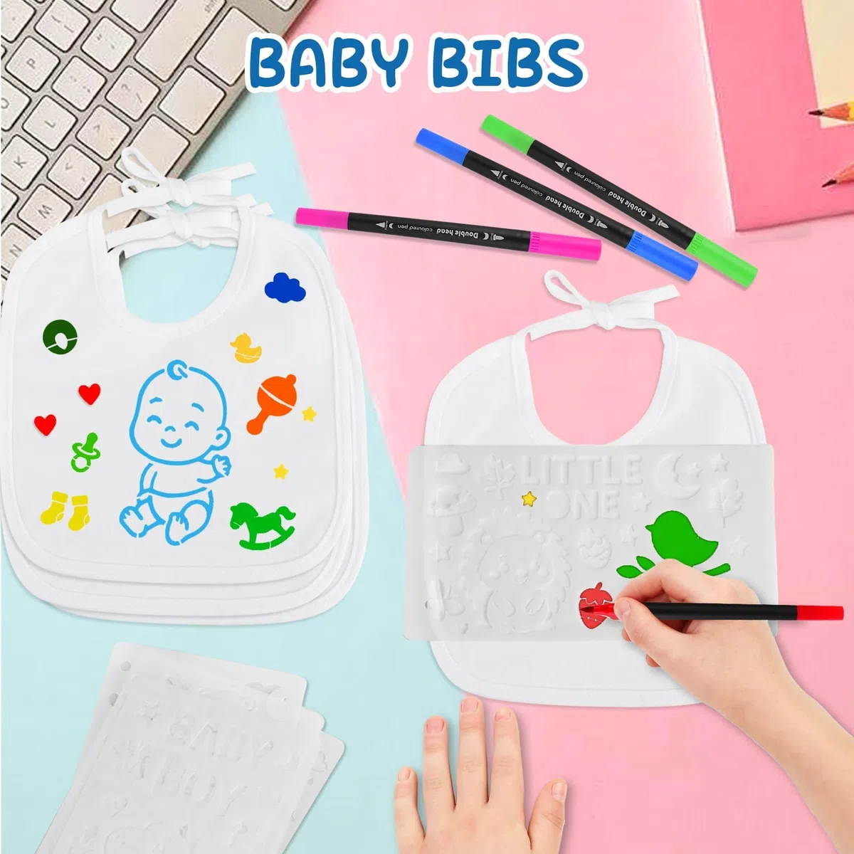 Wriligel Baberos de bebé para pintar 22x18 cm, DIY baberos bebé personalizados, juego de 15 baberos de algodón con 12 rotuladores acuarelables y 20 plantillas, regalo creativo para baby shower