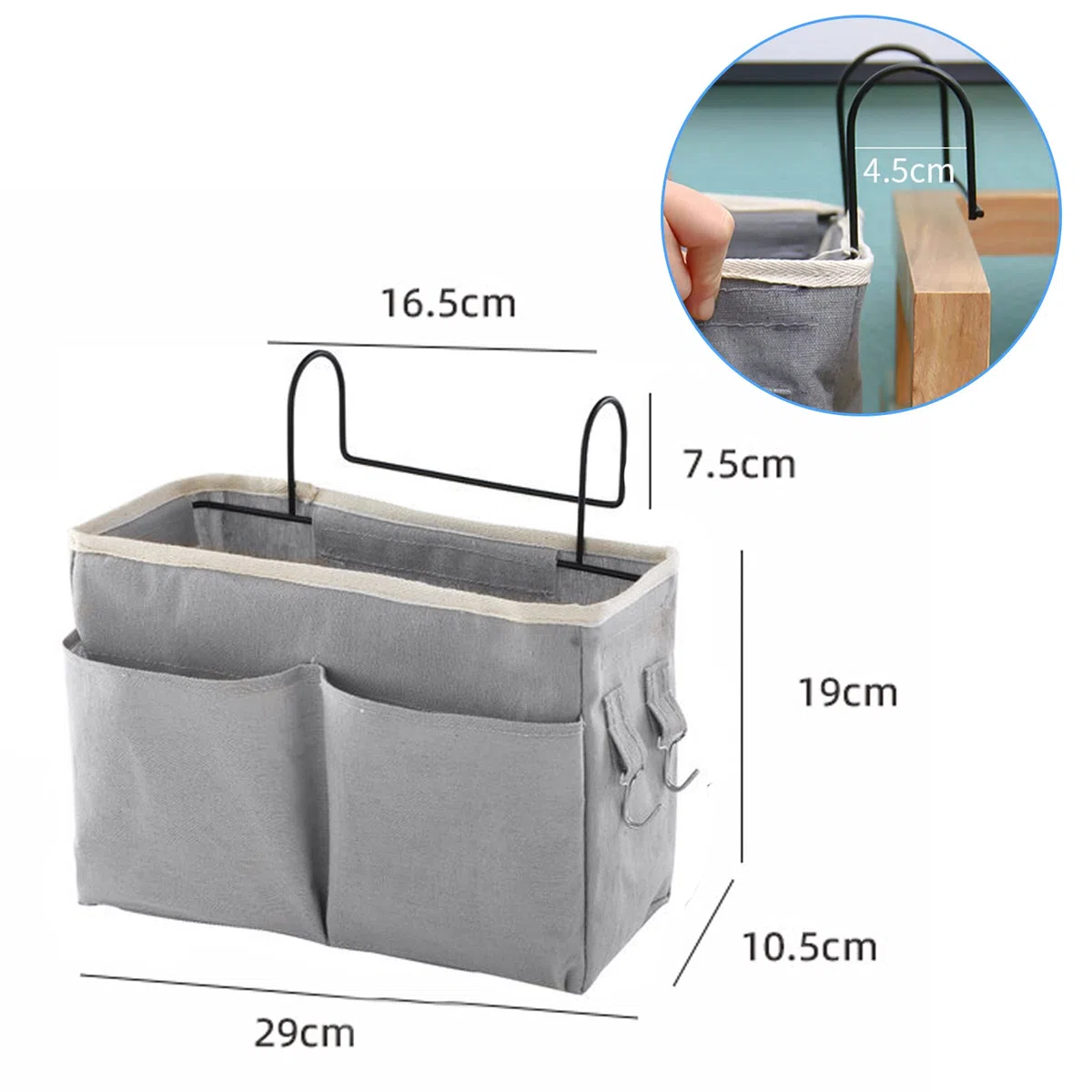 2 Piezas Organizador de Cabecera, Bolsillos para Cama con Gancho para Hogar, Oficina, Escuela, Litera, Cuna - Bolsa de Almacenamiento (Gris)