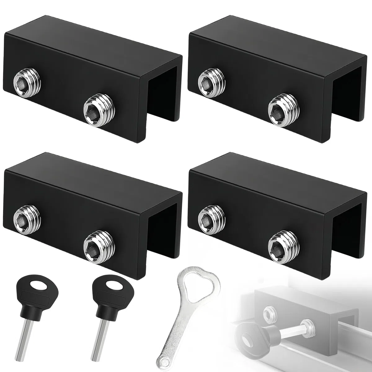 TIANLIN 4 Piezas Seguridad para Ventana Niños, Cerradura de Ventana de Aluminio Negro Ajustable, Adecuada para Puertas Corredizas y Ventanas con un Grosor de 1–16 mm, Incluye 2 Llaves