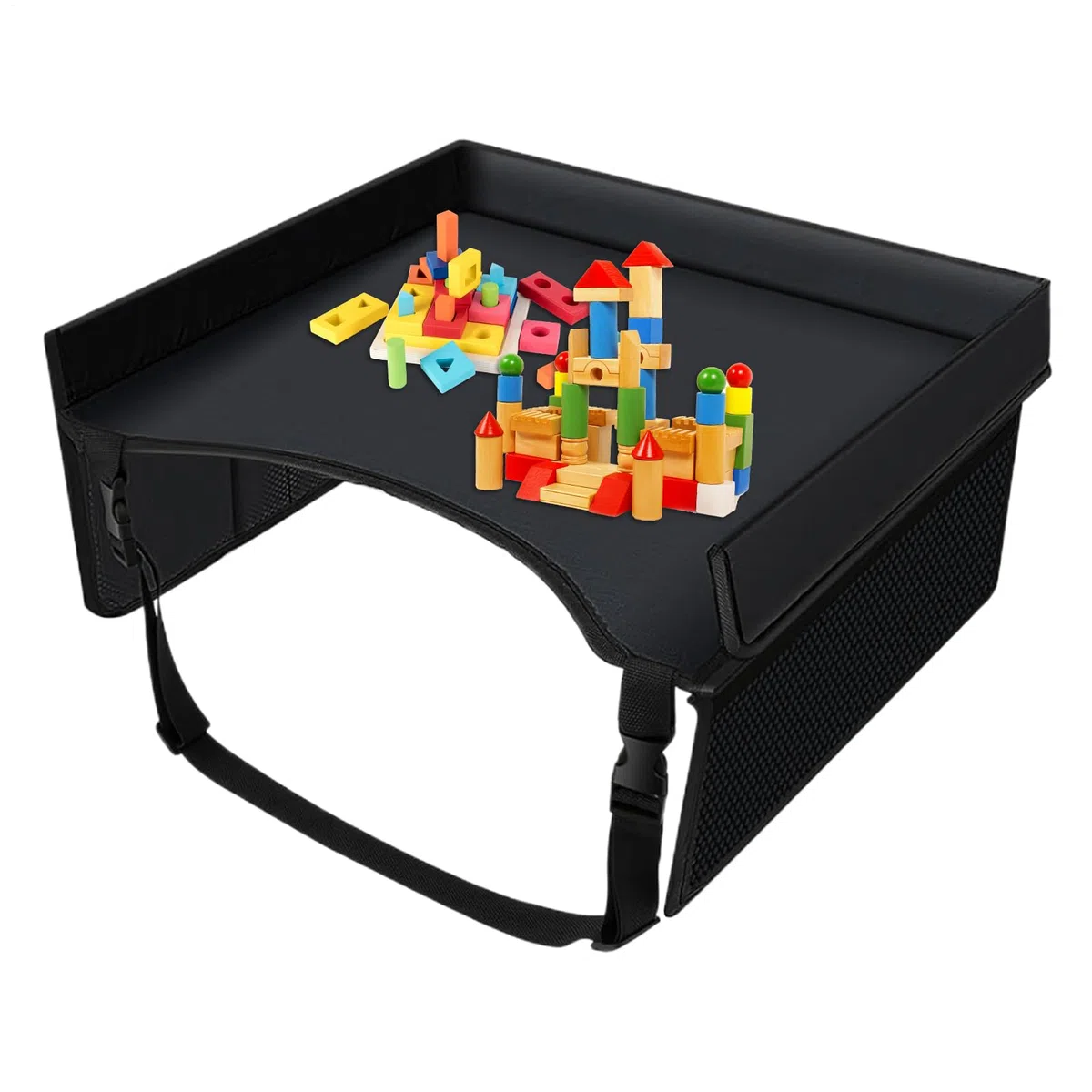 Bandeja de viaje para niños, bandeja de viaje para asiento de coche para niños, organizador de escritorio con correas ajustables y mesa plegable para asiento de coche para comida, portátil y