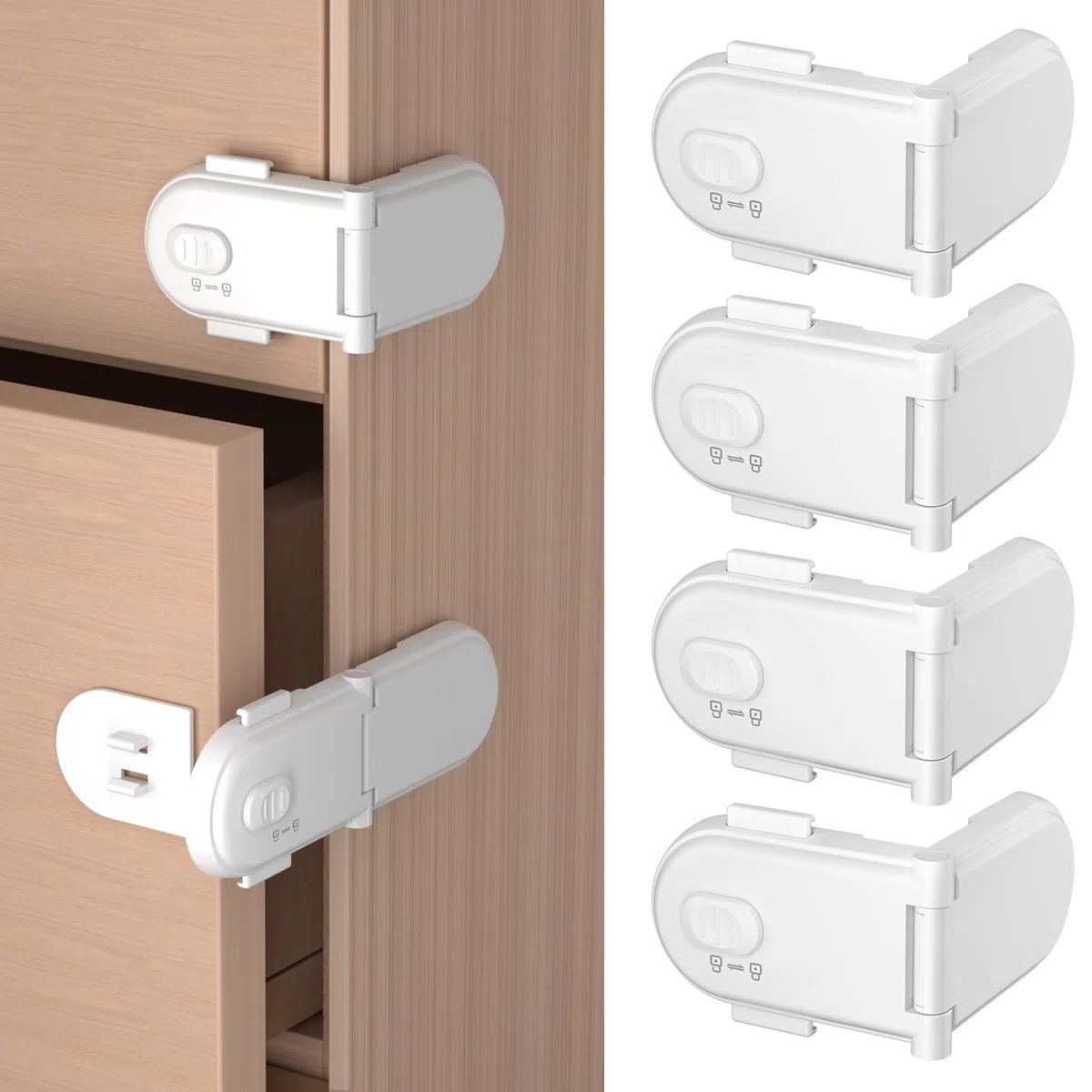 REDTRON Cerraduras de seguridad para niños con doble interruptor de seguridad (4 paquetes, blanco), Cerraduras seguras para bebés no tóxicas para armarios, Fácil instalación con adhesivo 3M