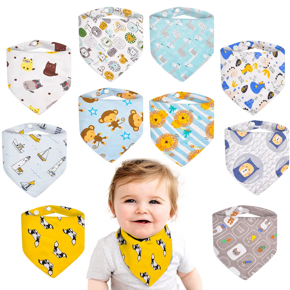 Baberos Bandanas para Bebé, 10 Unidades, 100% Algodón, Suave y Absorbente, 2 Botones Ajustables, para Niños y Niñas