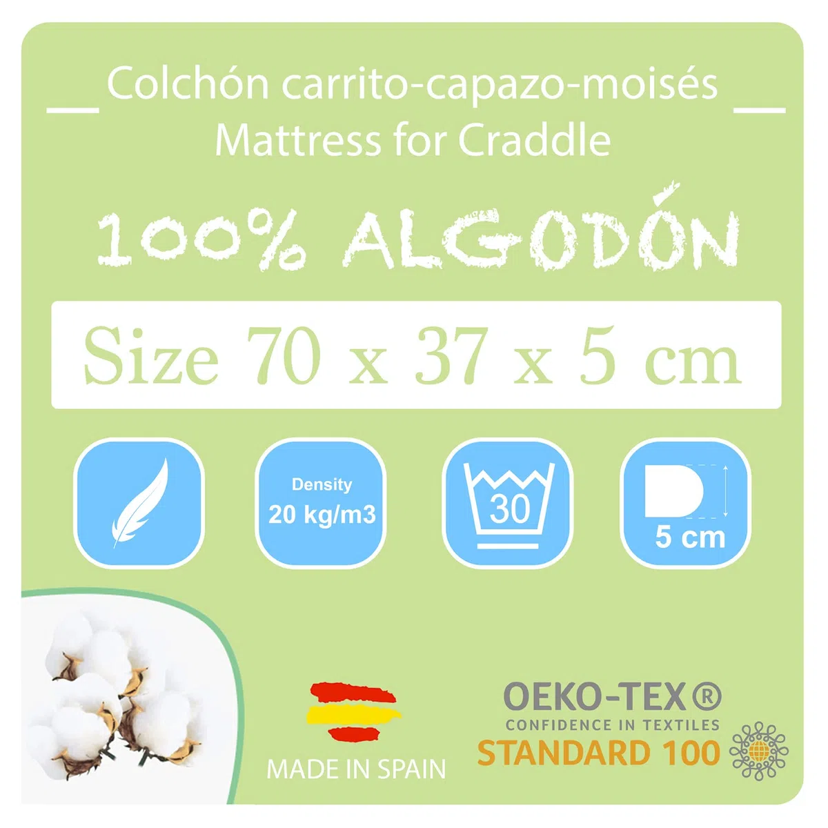 PEKITAS Colchón Ovalado Transpirable Capazo Moises Carrito 70x37x5 cm Funda 100% Algodón Blanco Firme