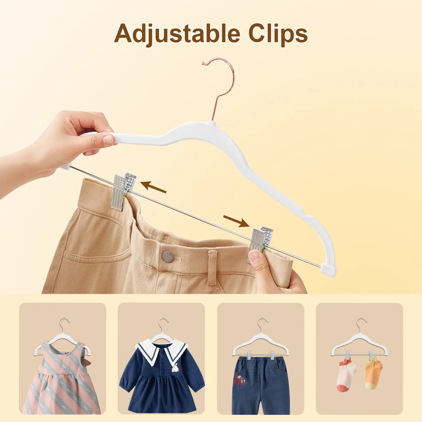 Perchas de Terciopelo con Clips para Ropa de Niños de 30cm, Perchas Antideslizantes para Niños Pequeños y Bebés, 14 Piezas, Color Blanco con Oro Rosa