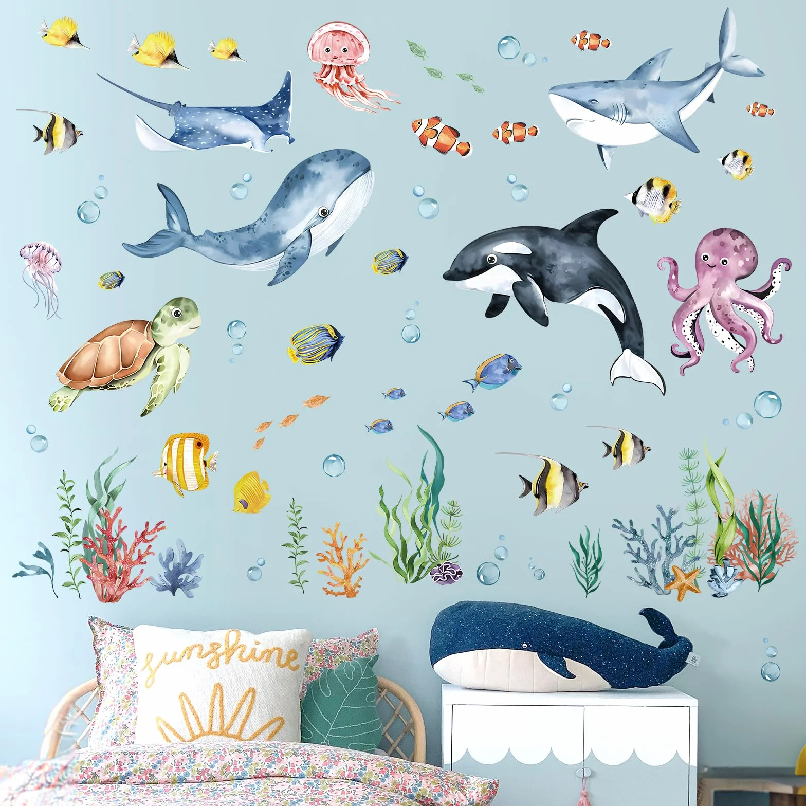 decalmile Pegatinas de Pared Bajo el Mar Tropical Peces Vinilos Decorativos Tortugas Delfín Ballena Algas Adhesivos Pared Habitación Infantiles Niños Bebés Guardería Baño