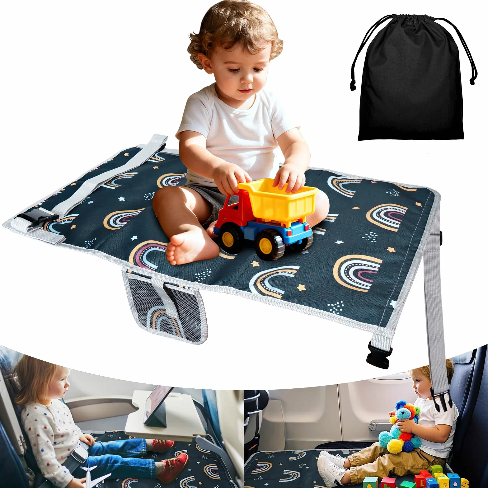 Reposapiés plano infantil, extensión de asiento para niños, cama de avión infantil, esencial de viaje en avión para niños, hamaca de viaje de avión infantil con bolsa de almacenamiento