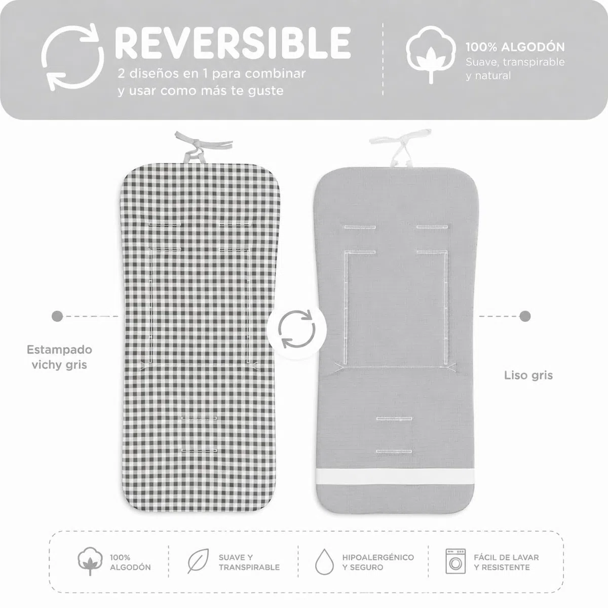 Colchoneta Silla Paseo Universal Verano Funda Carrito Bebe 100% Algodon Transpirable Reversible Apta Silla Inglesina Suave Carro Bebe Altura Ajustable Hombros y Cintura Antideslizable (Vichy Gris)