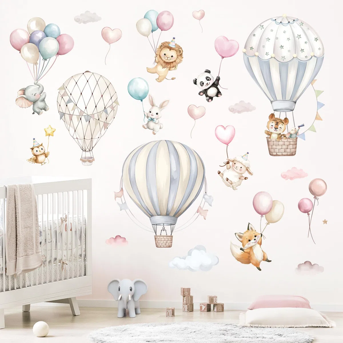 Pegatinas de Pared de Globo Aerostático de Dibujos Animados Vinilos para Pared de Animales Autoengluables y No Tóxicos para Dormitorios de Niños y Salones