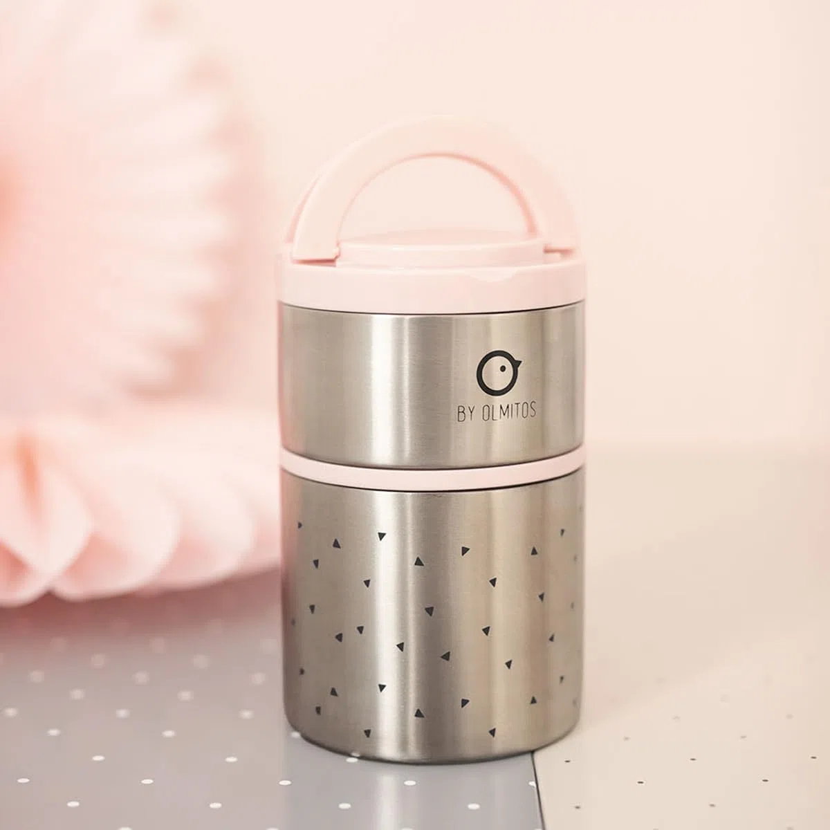 Olmitos - Termo papillero para sólidos acero inox 570ml + 250ml - Asas y aro de silicona - 11.5 x11.5 x 17.5cm (Rosa)