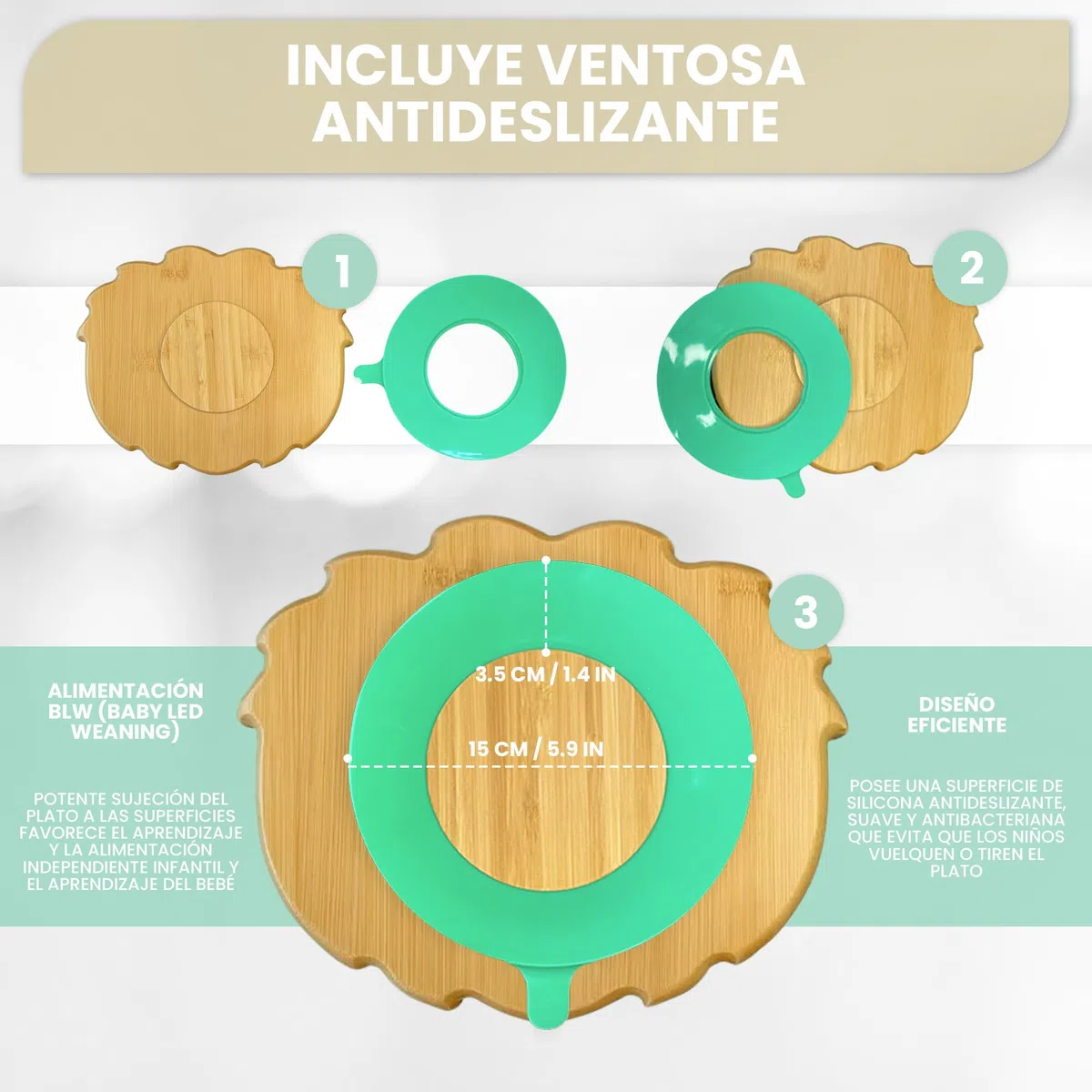 Plato de Bamboo con fuerte ventosa para bebés y niños pequeños. Plato BLW de bambú antideslizante con succión. Vajilla infantil antivuelco para aprender a comer BLW. (Lion)