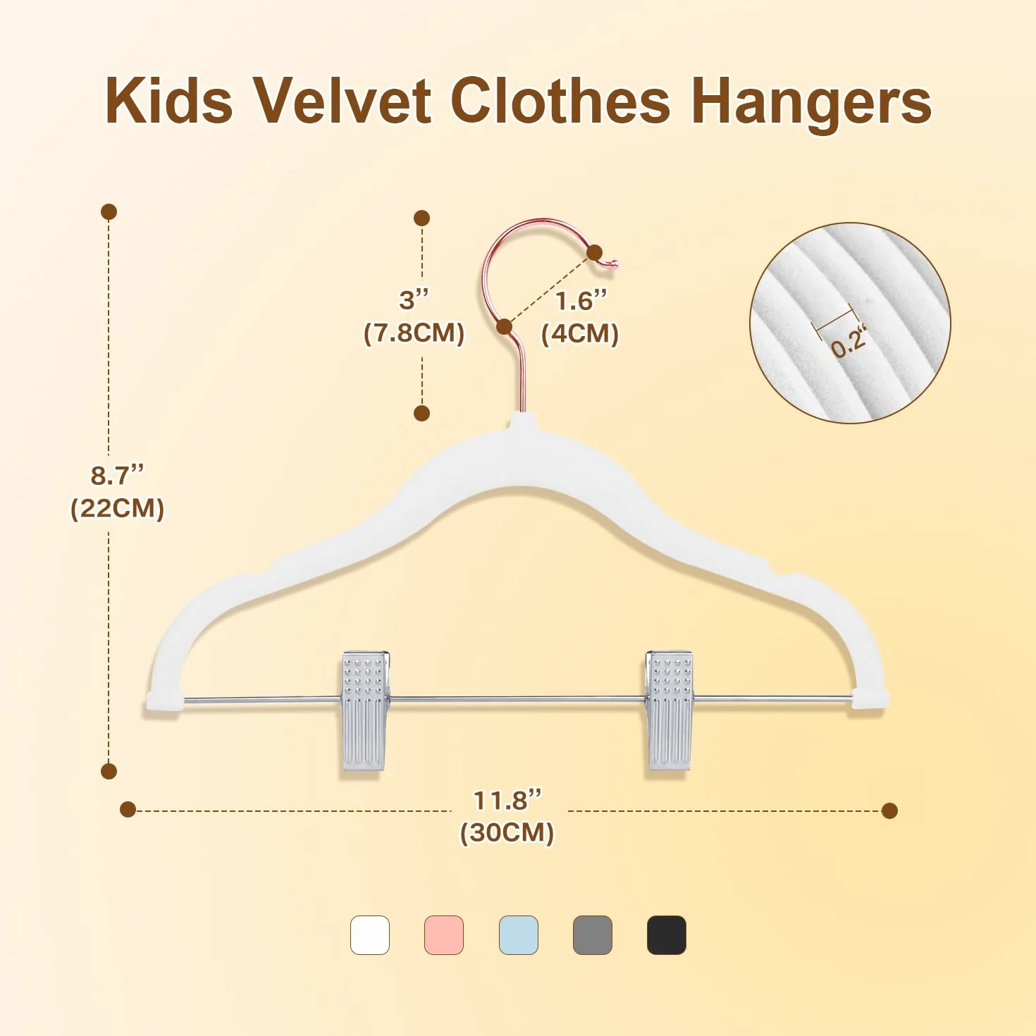 Perchas de Terciopelo con Clips para Ropa de Niños de 30cm, Perchas Antideslizantes para Niños Pequeños y Bebés, 14 Piezas, Color Blanco con Oro Rosa