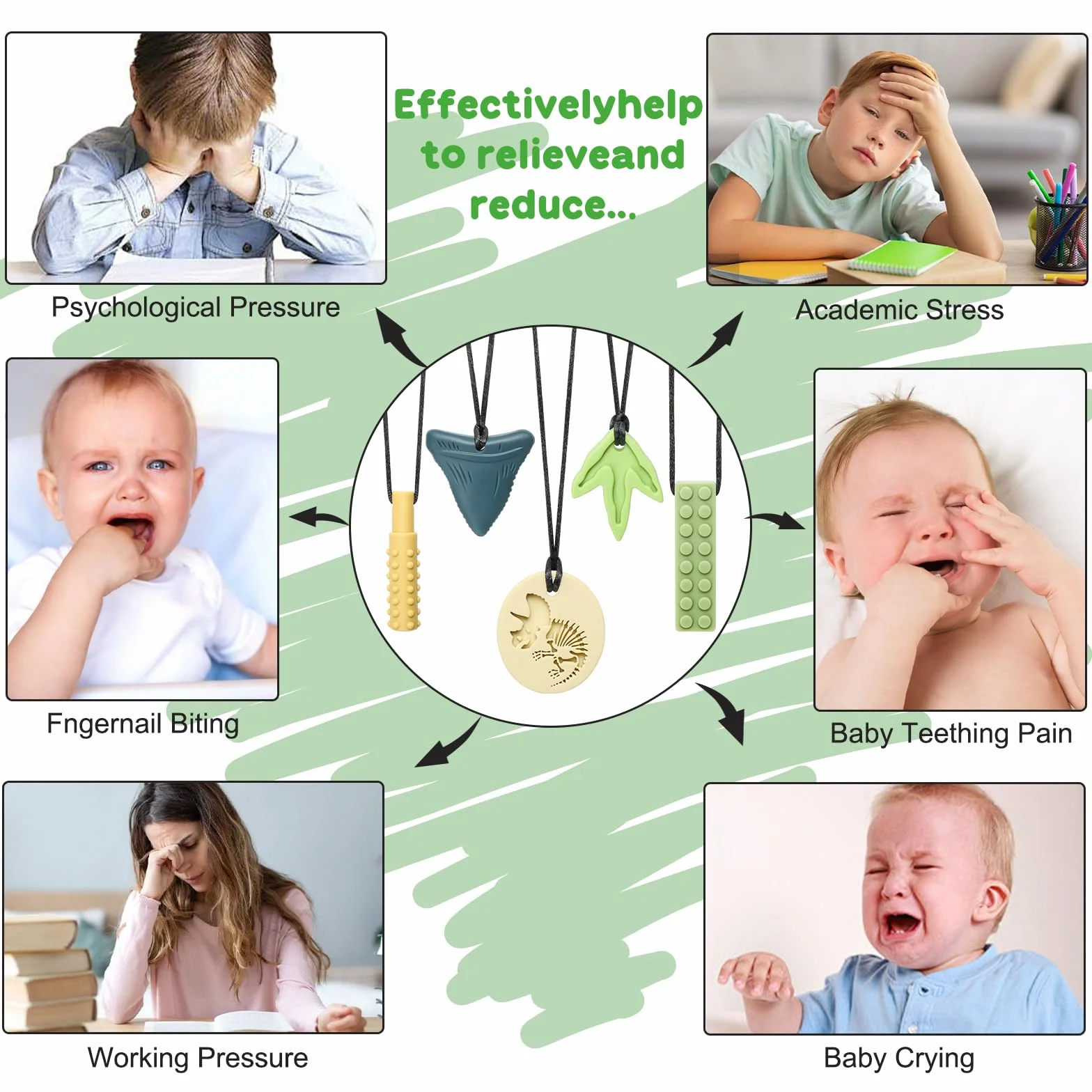 CLDY 5 Piezas mordedores niños autistas, El colgante de silicona para masticar no contiene BPA, Los collares mordedores son adecuados para niños con TDAH, dentición, autismo y necesidades oclusales