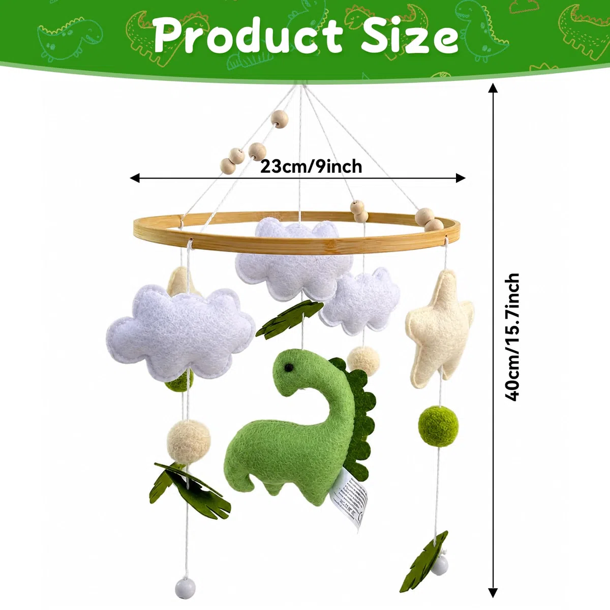 Móvil de Madera para Bebé Dinosaurio, 3D Carillón de Viento Móvil para Bebé con Bolas de Fieltro, Mobile Bebe con Estrellas, Decoración para Cuna, Nubes y Hojas Regalo para Niña Niño, Verde