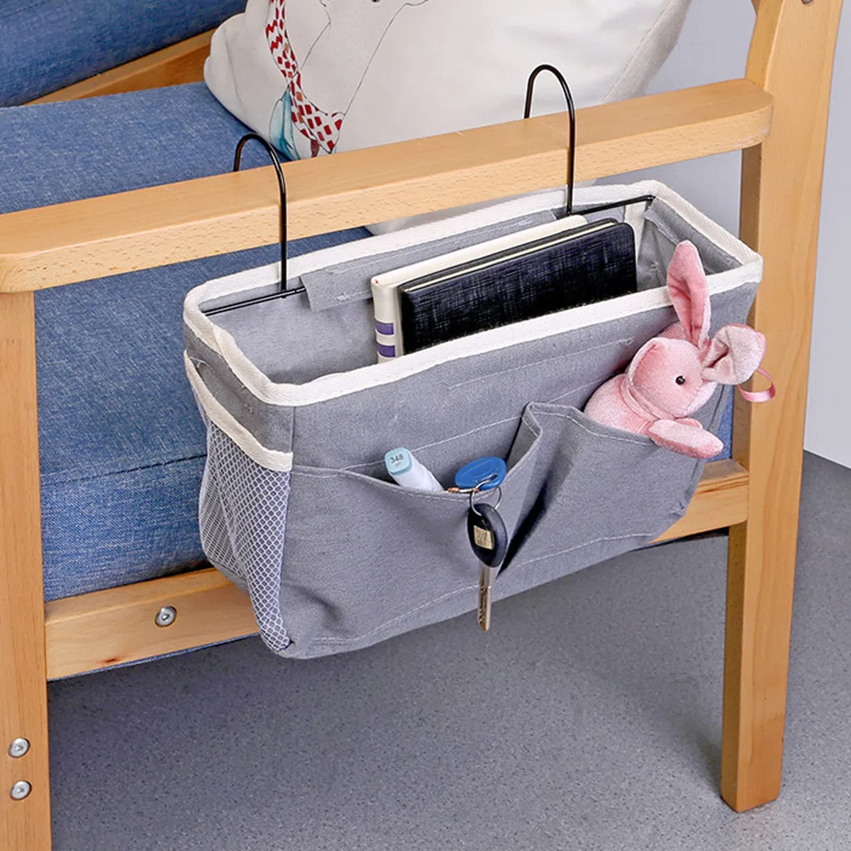 2 Piezas Organizador de Cabecera, Bolsillos para Cama con Gancho para Hogar, Oficina, Escuela, Litera, Cuna - Bolsa de Almacenamiento (Gris)