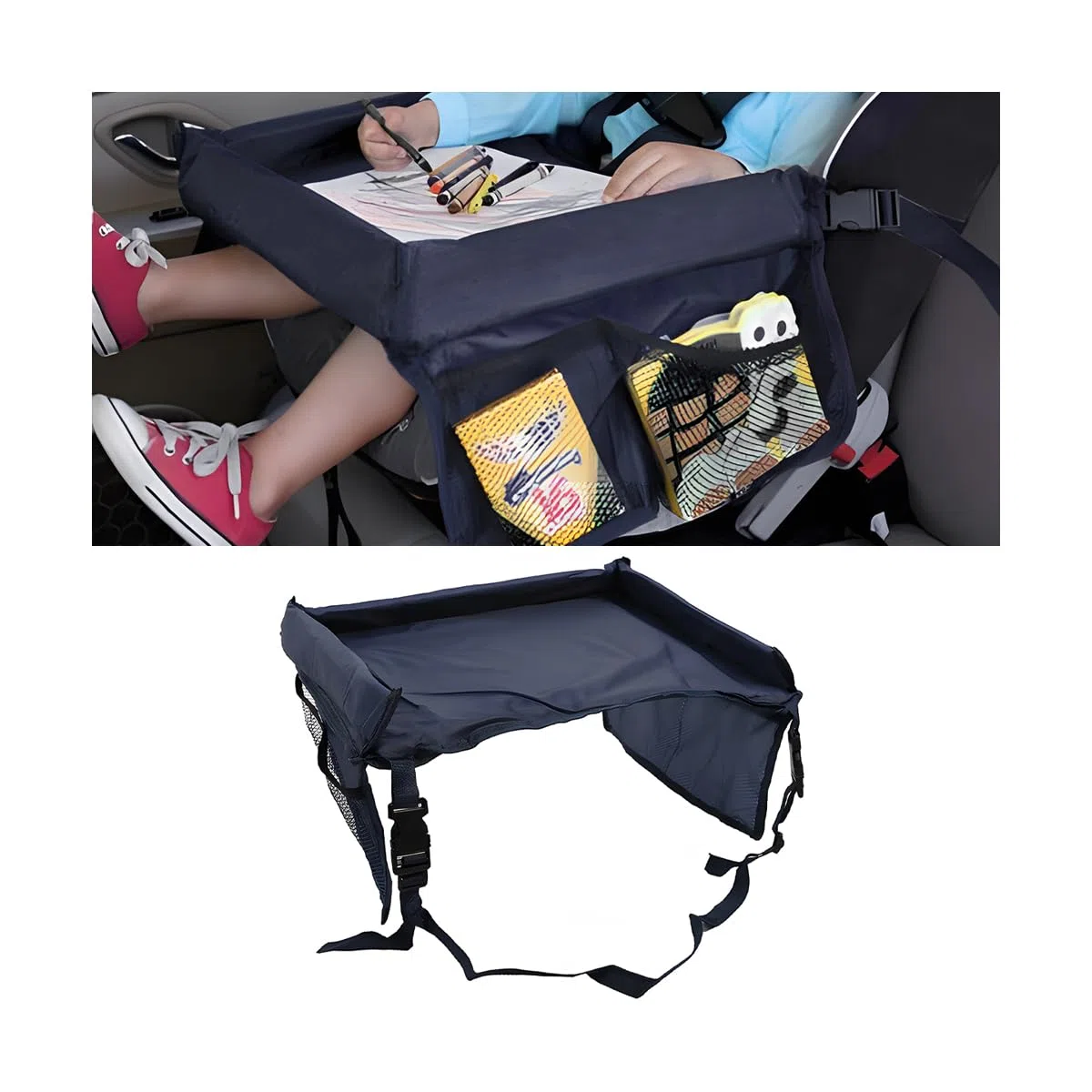 CGEAMDY Bandeja Coche Niños, Mesa Para Niños Asiento Coche, Mesas Infantiles Para Asiento Trasero Coches Accesorio De Coche Fácil Limpiar Con Bolsillos Laterales Para Asientos Coches(Azul Marino)