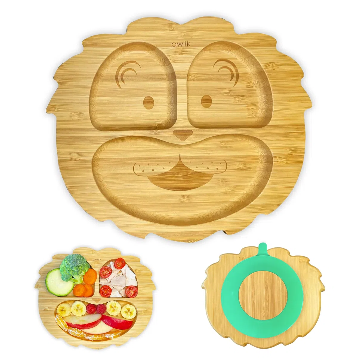 Plato de Bamboo con fuerte ventosa para bebés y niños pequeños. Plato BLW de bambú antideslizante con succión. Vajilla infantil antivuelco para aprender a comer BLW. (Lion)