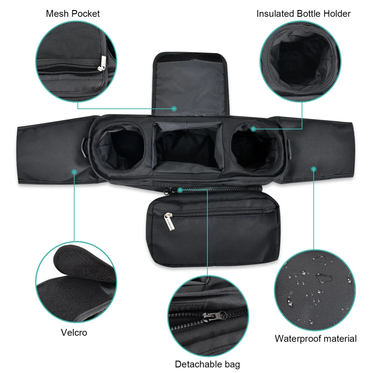 Universal Organizador para Cochecito, Bolsas para Cochecito Accesorios para Bebés con Bolsillo, Cremallera, Correa para el Hombro y Espacio de Almacenamiento para Pañales y Teléfonos, Negro