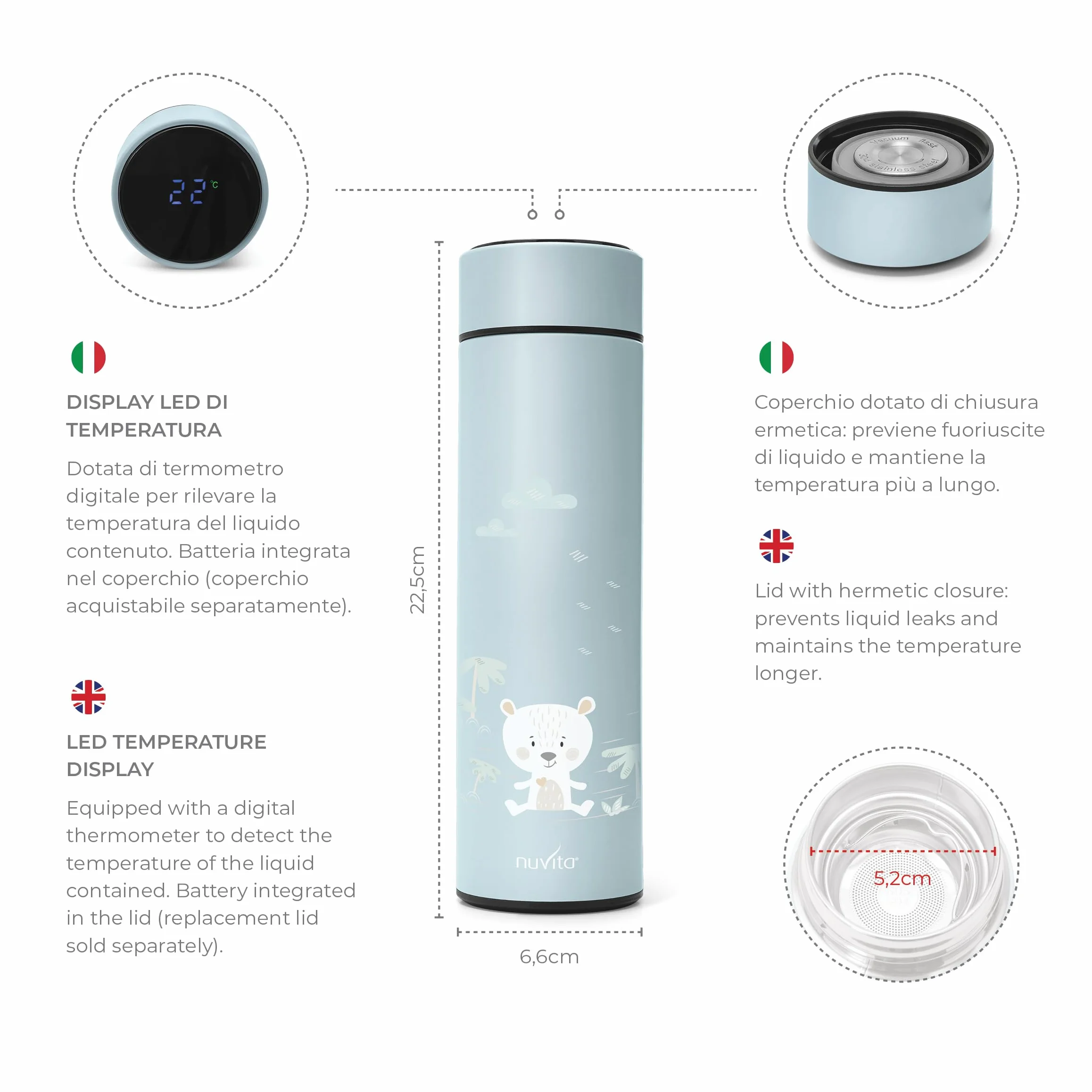 Nuvita 4455 | Contenedor Térmico para Alimentos Digital | Termo para Alimentos Calientes y Fríos | Contenedor para Comida de Bebés | Termo para Comidas Calientes | Termo para Niños | Sage Green