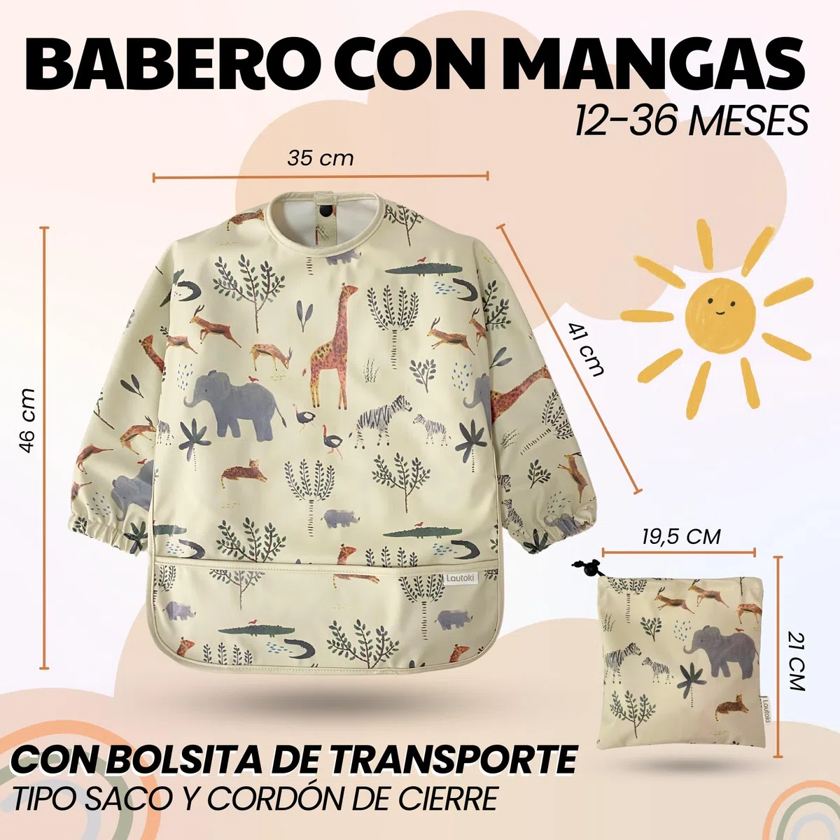 Baberos Bebé Impermeables con Mangas + Bolsita de Transporte | Babero BLW para Bebé 12–36 Meses | Doble Capa 100% Impermeable | Puños Elásticos y Bolsillo Canguro | Fácil de Limpiar