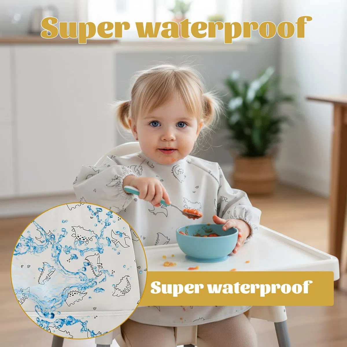 2 Pcs Baberos con Mangas, 6 a 24 Meses, 42x37cm, Babero Impermeable Bebe con Bolsillo Grande y Cuello Elástico, para Comida de Bebé Accesorios de Guardería Diaria