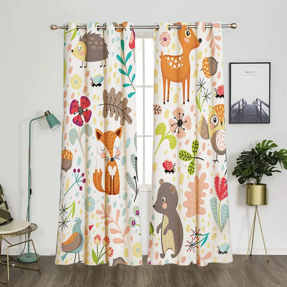 Cortinas opacas infantiles animales búhos flores ojales 160 x 132 cm