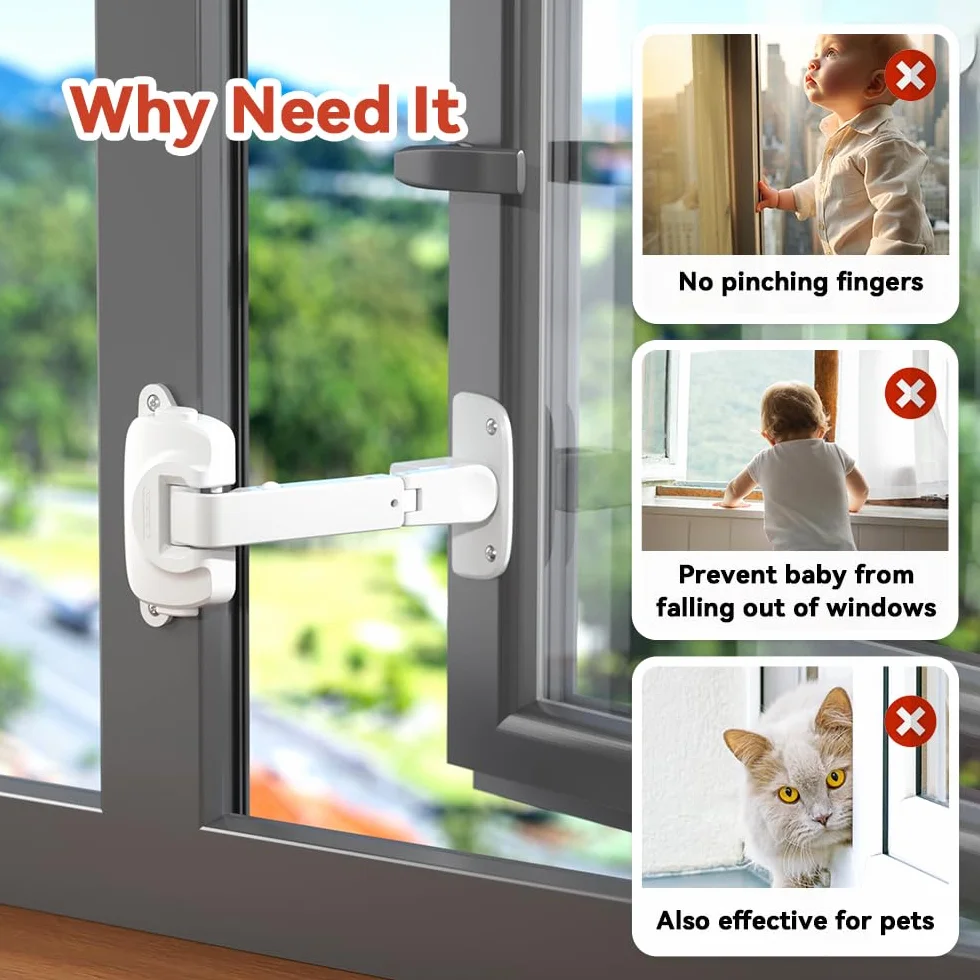 EUDEMON Cerradura de seguridad para ventanas para bebés, limitador de ventanas a prueba de niños, pestillo de cerradura ajustable para marcos de ventanas de aluminio y madera (Blanco, 2 Piezas)