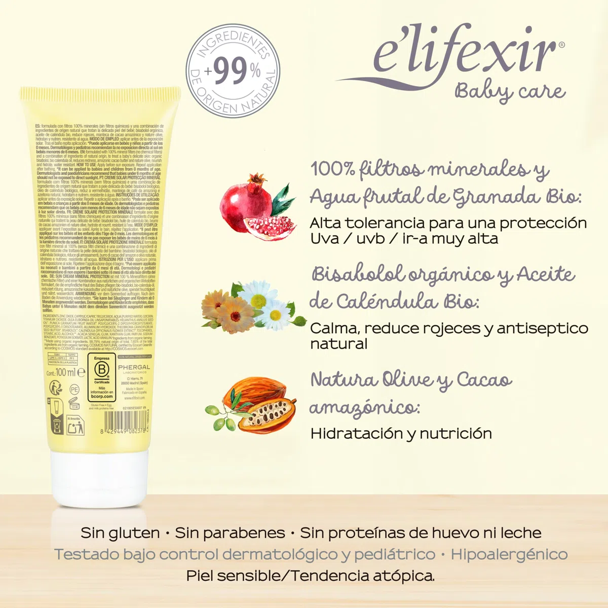 Elifexir Baby Care Crema Solar 100% Mineral Niños y Bebés, UVA, UVB e IR-A SPF 50+, 99% Ingredientes Naturales, dermatológica y pediátricamente testado, Resistente al Agua, Rostro y Cuerpo, 100 mL