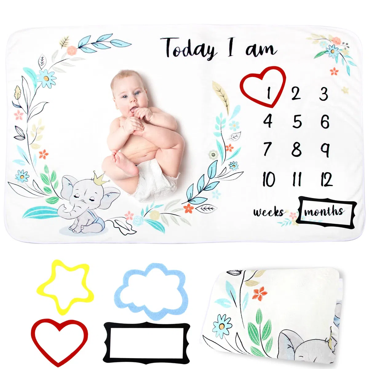 Manta de bebé Milestone para niños y niñas,tapete de forro polar mensual unisex con flores y hojas de elefantes,animales con 4 marcos de fotos de fieltro,crecimiento de la edad(40 x 60 pulgadas)