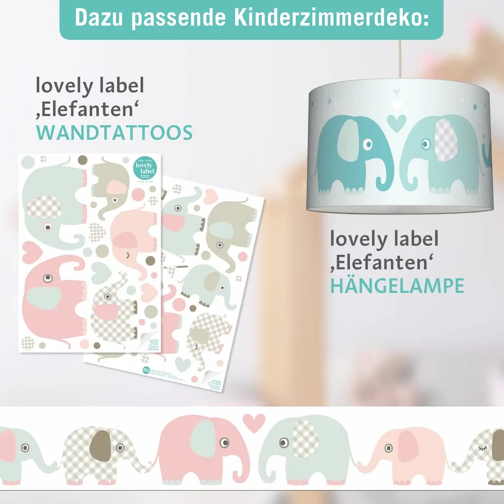 Cenefa autoadhesiva, 450 x 11,5 cm, diseño de Animales con Elefantes, Gris/marrón-Menta-Rosa