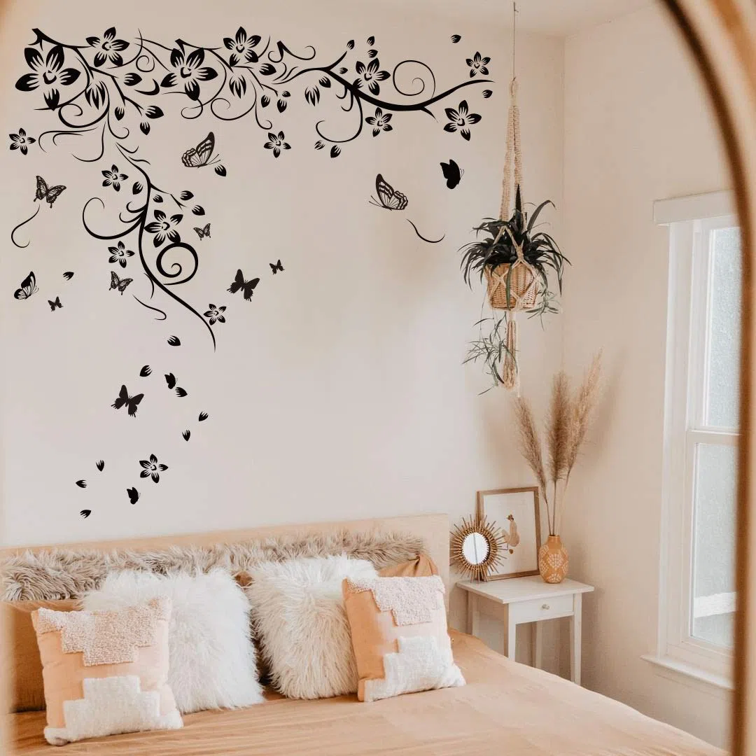 Runtoo Pegatinas de Pared Flores Negras Stickers Adhesivos Vinilo Mariposa Decorativas Salon Dormitorio Habitacion Bebe