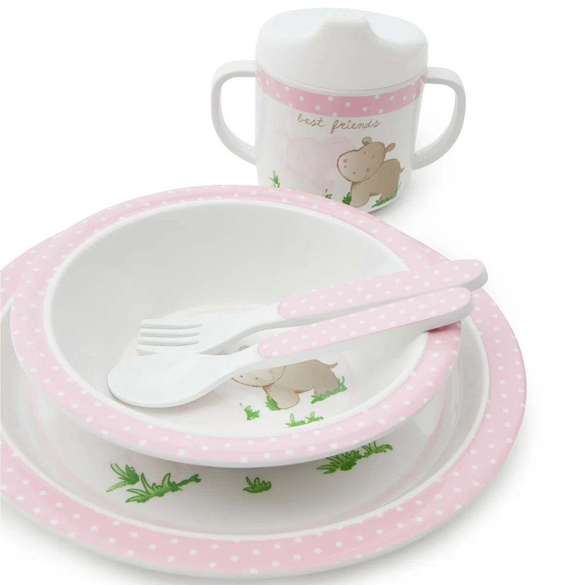 Bieco Set de Vajilla Infantil con Diseño de Animales | Vajilla Bebé 5 Piezas | Infantil Melamina | Set Comida Bebé | Niñas | Rosa