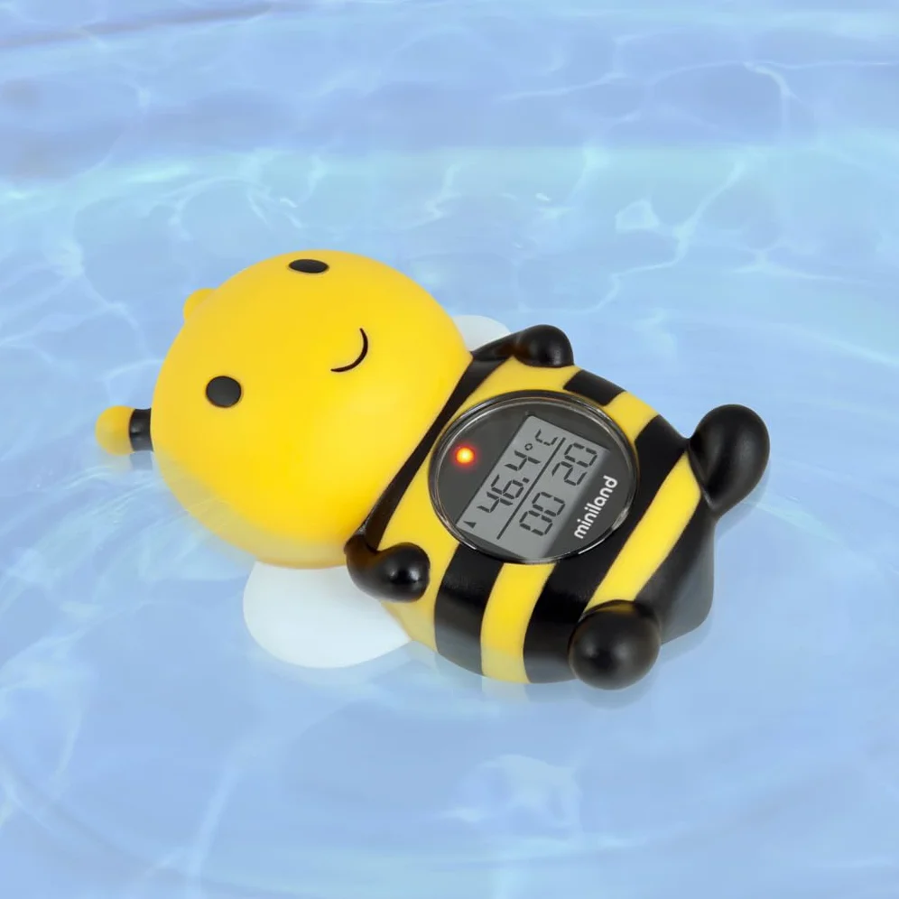 Miniland Termómetro de baño para bebe con Divertido Diseño de Abeja, Termómetro Bañera bebe, Pantalla con función reloj y temporizador, Flotante y resistente al agua | Bee