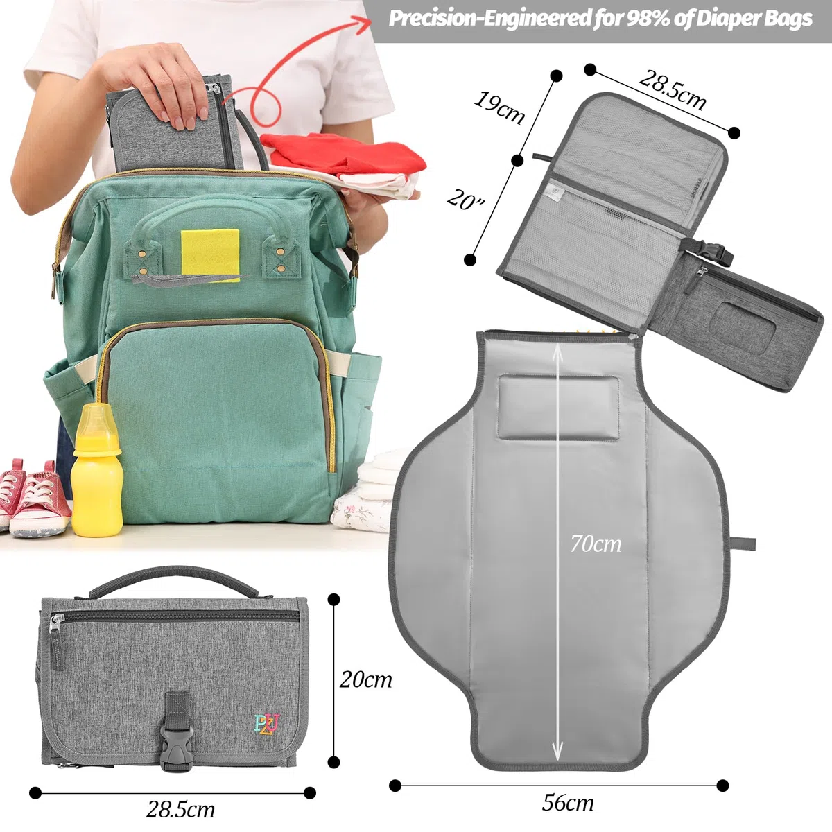 Cambiador portátil bebé - Cambiador viaje bebé con bolsillo para toallitas y cojín para la cabeza, impermeable, extraíble - Regalo ideal para recién nacido (Gris)