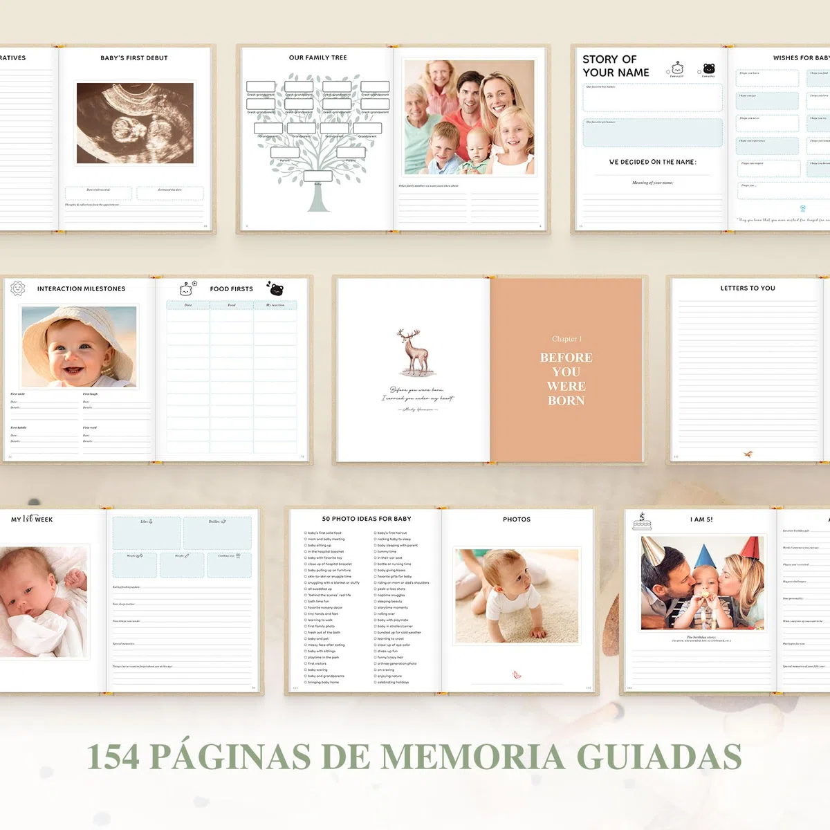 Lanpn Album Bebe Primer 5 Año para Niña Niño - Libro Recuerdos Bebé para Pegar Fotos y Escribir - Hello Baby Libros Cuaderno Diario Álbum Fotos Bebe Regalo Recién Nacido (Azul,154 Páginas, Inglés)
