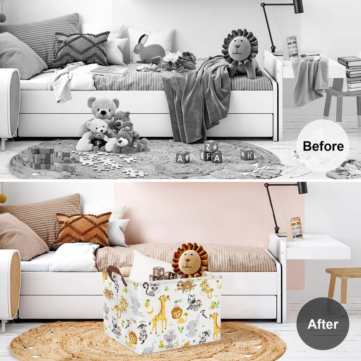 Clastyle 36L Grande Cajas de Almacenaje Animales con Asa Cesta para Guardar Blanco Ropa Juguetes Plegable Rectangular para Habitación Infantil Dormitorio