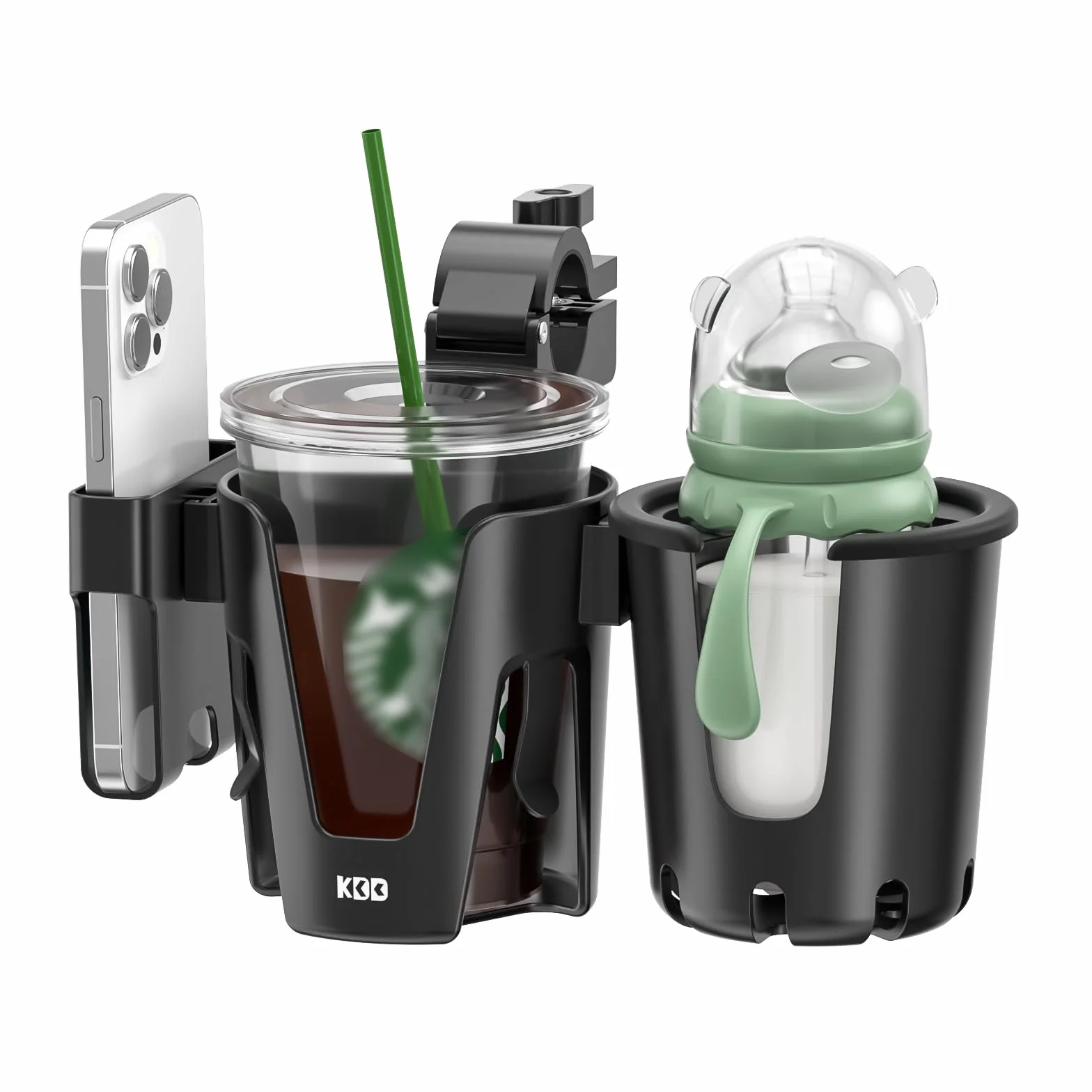 KDD Portavasos para Cochecito con Soporte Teléfono, 3 en 1 Portavasos Carito Bebe Extraíble, Portabotellas para Silla Rotación de 360 Grados Soporte para Vasos para Cochecito Bicicleta Andador Scooter