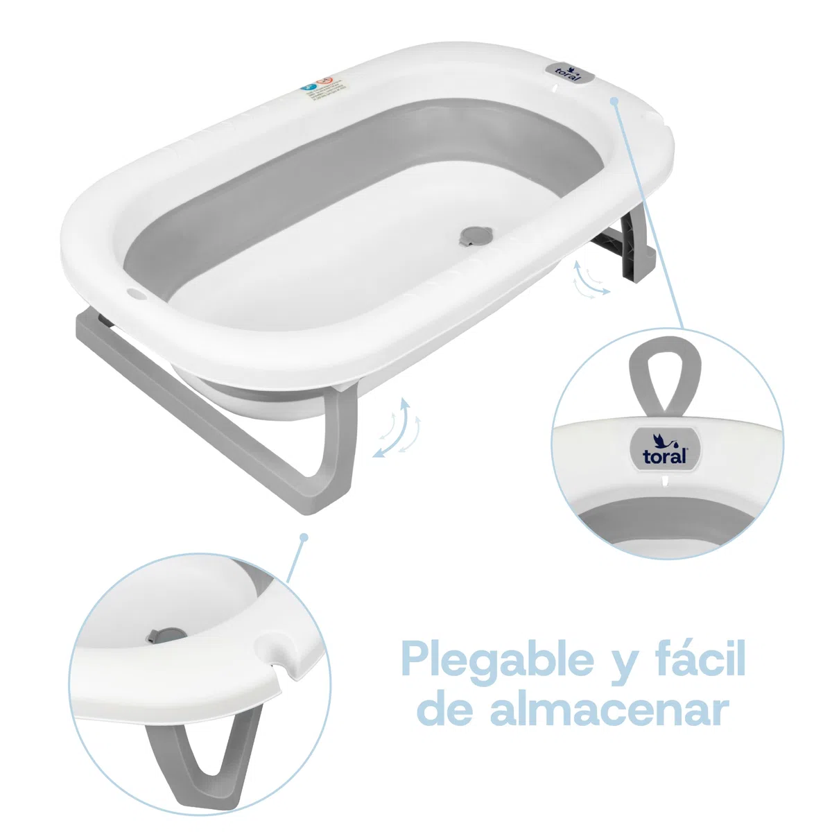 Toral Bañera Plegable Bebé con Patas Gris - Bañera Bebe con Patas Comoda, Facil de Guardar y Usar, Patas Antideslizantes y Colgador - Bañera Bebé Plegable Portatil - Modelo Bathy Gris