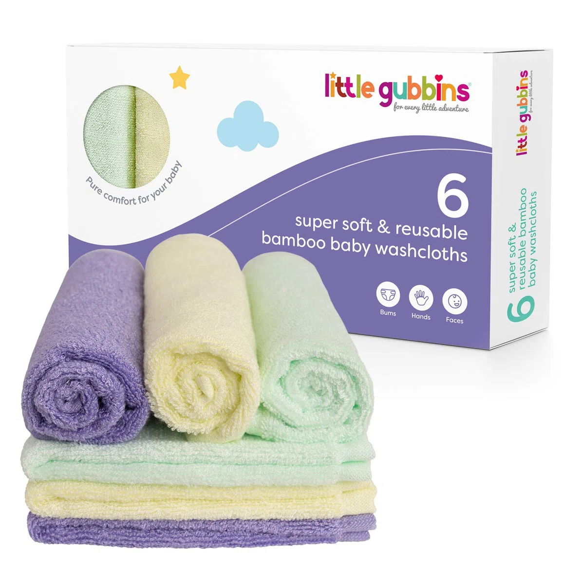 Little Gubbins - Juego de 6 paños de baño de bambú para manos, rostro y vagabundos (reutilizables) - Uso como toalla, franela o muselina - Perfecto para pieles sensibles, naturalmente antibacteriano