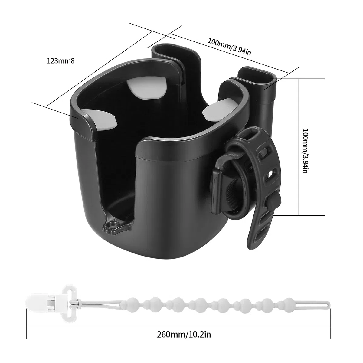 Portavasos para Cochecito, Portavasos Carrito Bebe Portátil, Soporte de Bebidas Universal, Sujeta Vasos para Silla de Paseo Ajustable para Cochecito de Bebé Bicicletas, con Cadena para Chupete