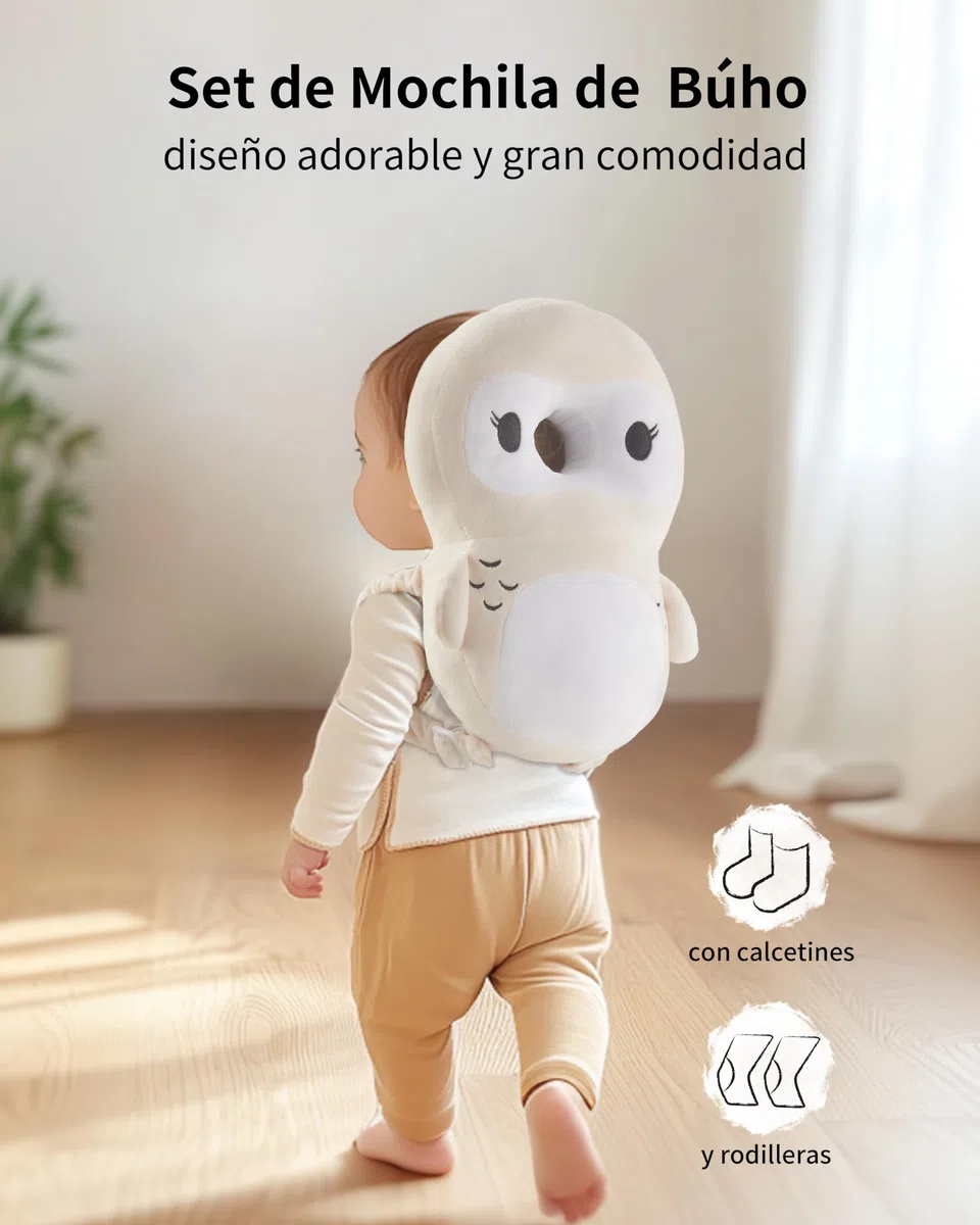 Fortella Mochila de Protección para Bebé, Protector de Cabeza Anticaida Ajustable, Cojin de Seguridad para Caminar, Cascos Bebe, con Rodilleras y Calcetines, Ideal para Gateo Soporte, 5–24M,Búho Beige