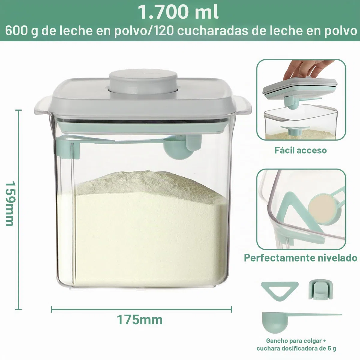 Dispensador de leche en polvo 1700 ml - Recipiente de polvo sellado con cuchara - Caja portátil de leche en polvo - Caja de almacenamiento de proteína en polvo - Adecuado para almacenar leche en polvo