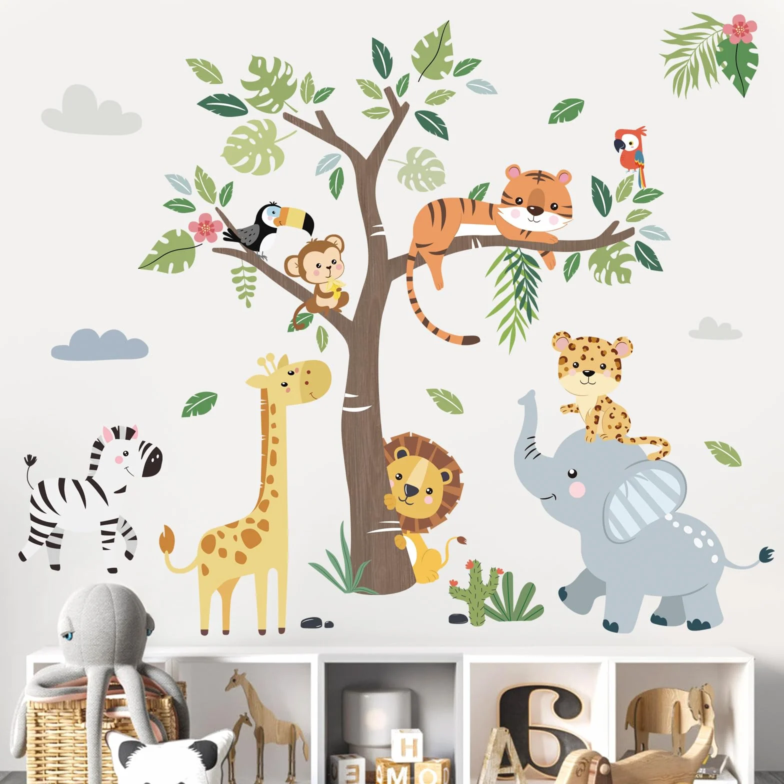 Decalmile Pegatinas de Pared Animales de la Jungla Safari Elefante Jirafa León Vinilos Decorativos Infantiles