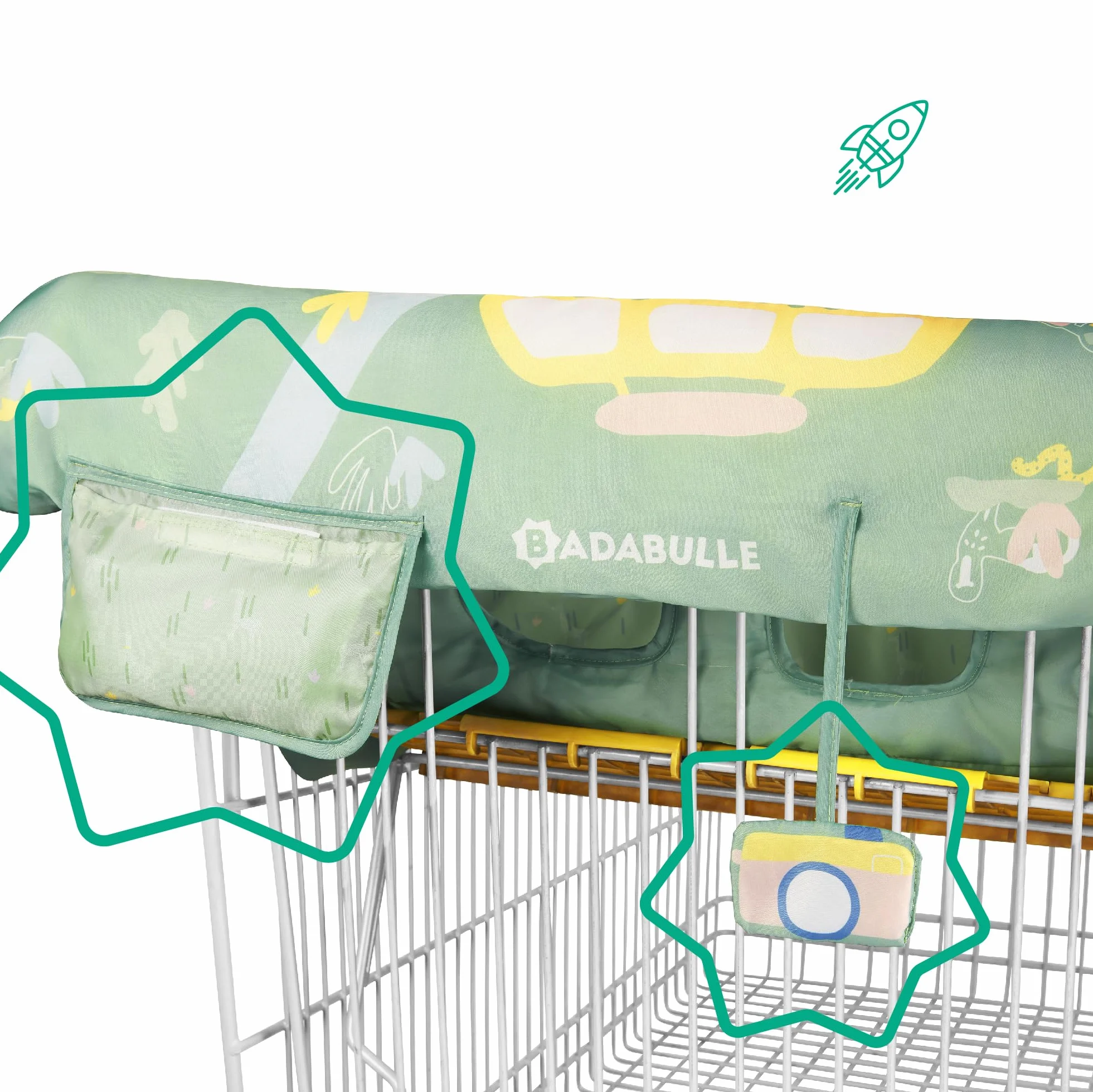 Badabulle Protector de asiento de carro de compra para niños - Universal - Bolsillo de almacenamiento integrado y juguete sensorial - Espacio de almacenamiento ultracompacto