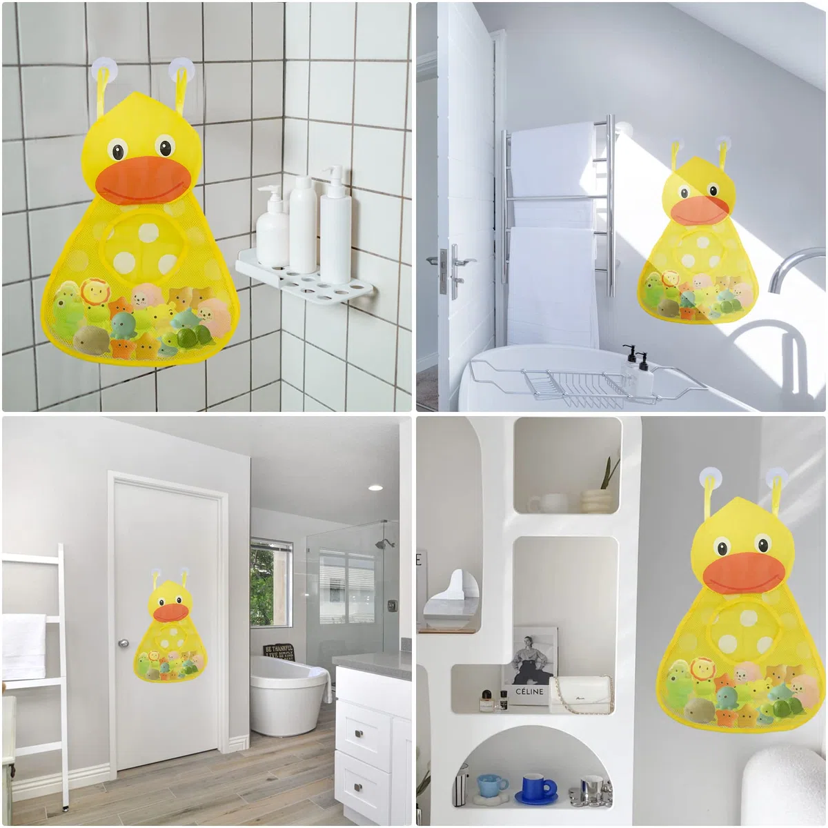 Kikuo Organizador de almacenamiento de juguetes para el baño del bebé, soporte para juguetes para la bañera, red para juguetes para bebés, pato amarillo con 2 ventosas fuertes