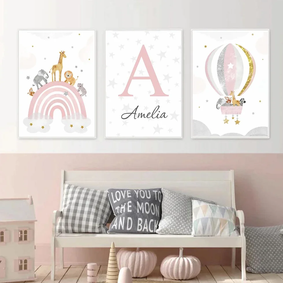 3 Laminas Infantiles para Habitacion Niña Nombre Cuadro Infantil Arcoiris Globo Aerostático Animales Póster Habitación Bebe Niña Rosa 30x40 Lienzo Personalizado Pared Art Deco Niño Regalo sin Marco