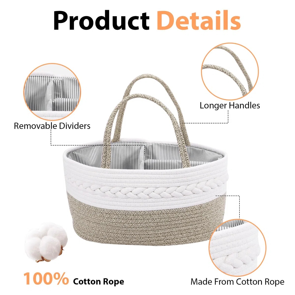 Cesta Organizadora para Bebé, Organizador Portátil para Cambiador, Canasta Porta Pañales de Cuerda de Algodón con Asas, Accesorios de Recién Nacido y Regalo de Nacimiento