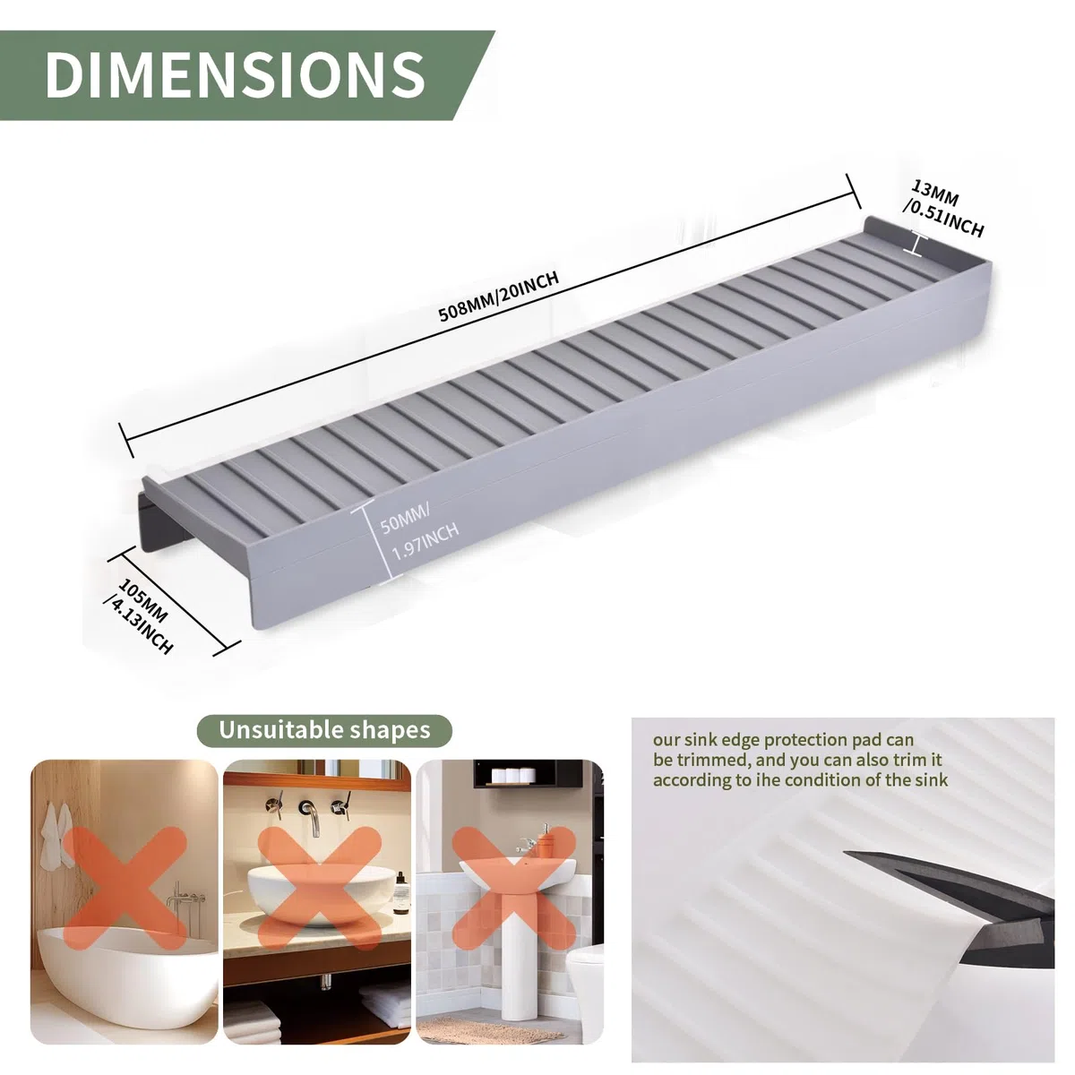 Protector De Borde De Fregadero De Silicona, 20" 51 cm, Cubierta Protectora Contra Salpicaduras Para Fregadero De Cocina Con Ventosa, Plegable, Protector De Encimera De Fregadero(Gris)